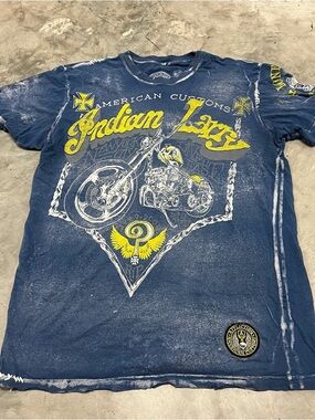 VINTAGE Affliction Shirt Blue Men Size Medium Indian Larry Short Sleeve Tee Crew
